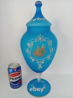 Antique French Hand-Blown Blue Satin Glass Vase Opaline Urn Apothecary Jar WithLid