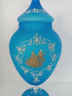 Antique French Hand-Blown Blue Satin Glass Vase Opaline Urn Apothecary Jar WithLid