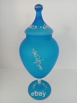 Antique French Hand-Blown Blue Satin Glass Vase Opaline Urn Apothecary Jar WithLid