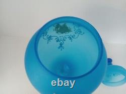Antique French Hand-Blown Blue Satin Glass Vase Opaline Urn Apothecary Jar WithLid