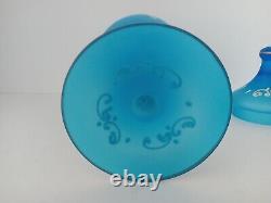 Antique French Hand-Blown Blue Satin Glass Vase Opaline Urn Apothecary Jar WithLid