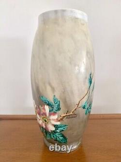 Antique French Hand painted Baccarat Opaline Glass Bird Flowers Vase 12 H