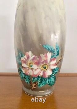 Antique French Hand painted Baccarat Opaline Glass Bird Flowers Vase 12 H