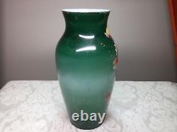 Antique French Hand painted Baccarat Opaline Glass Flowers Green Vase 9.5