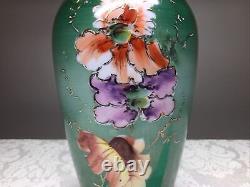Antique French Hand painted Baccarat Opaline Glass Flowers Green Vase 9.5