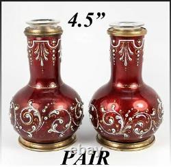 Antique French Kiln-fired Enamel Vase Pair, Glass Inserts, Raised White Enamel