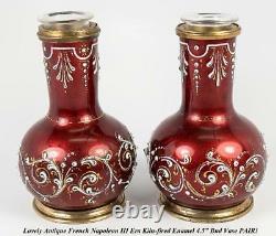 Antique French Kiln-fired Enamel Vase Pair, Glass Inserts, Raised White Enamel