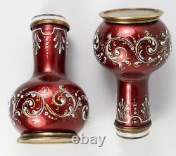 Antique French Kiln-fired Enamel Vase Pair, Glass Inserts, Raised White Enamel