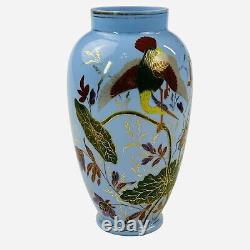 Antique French Large Blue Opaline Vase Glass 11.5 Bird Beetle Crane Bug Gold