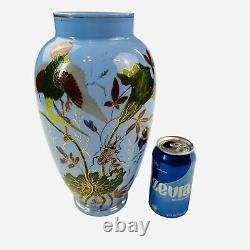 Antique French Large Blue Opaline Vase Glass 11.5 Bird Beetle Crane Bug Gold