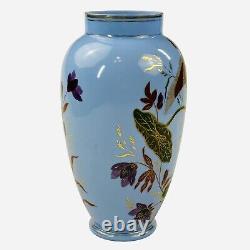 Antique French Large Blue Opaline Vase Glass 11.5 Bird Beetle Crane Bug Gold