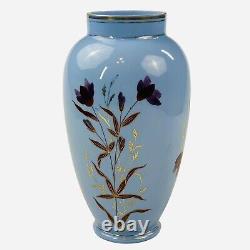 Antique French Large Blue Opaline Vase Glass 11.5 Bird Beetle Crane Bug Gold