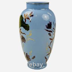 Antique French Large Blue Opaline Vase Glass 11.5 Bird Beetle Crane Bug Gold