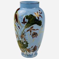 Antique French Large Blue Opaline Vase Glass 11.5 Bird Beetle Crane Bug Gold