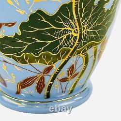 Antique French Large Blue Opaline Vase Glass 11.5 Bird Beetle Crane Bug Gold