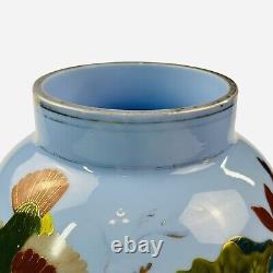 Antique French Large Blue Opaline Vase Glass 11.5 Bird Beetle Crane Bug Gold