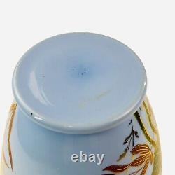 Antique French Large Blue Opaline Vase Glass 11.5 Bird Beetle Crane Bug Gold