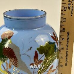 Antique French Large Blue Opaline Vase Glass 11.5 Bird Beetle Crane Bug Gold