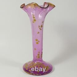 Antique French Legras Glass Vase Raised Gold Enamel Art Nouveau Ruffled Rim