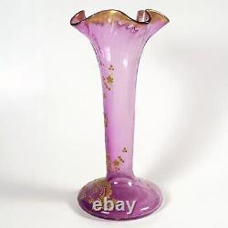 Antique French Legras Glass Vase Raised Gold Enamel Art Nouveau Ruffled Rim