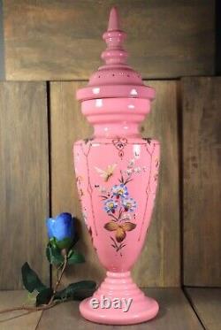 Antique French Lidded Vase Opaline Urn Pink Enamel Hand Painted Bohemian Glass