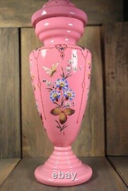 Antique French Lidded Vase Opaline Urn Pink Enamel Hand Painted Bohemian Glass