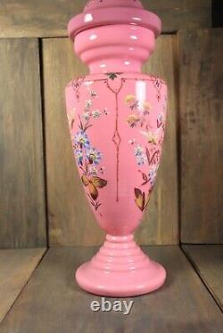 Antique French Lidded Vase Opaline Urn Pink Enamel Hand Painted Bohemian Glass