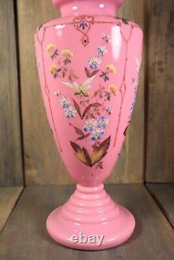 Antique French Lidded Vase Opaline Urn Pink Enamel Hand Painted Bohemian Glass