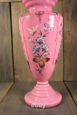 Antique French Lidded Vase Opaline Urn Pink Enamel Hand Painted Bohemian Glass