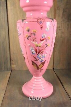 Antique French Lidded Vase Opaline Urn Pink Enamel Hand Painted Bohemian Glass