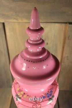 Antique French Lidded Vase Opaline Urn Pink Enamel Hand Painted Bohemian Glass