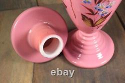 Antique French Lidded Vase Opaline Urn Pink Enamel Hand Painted Bohemian Glass