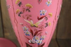 Antique French Lidded Vase Opaline Urn Pink Enamel Hand Painted Bohemian Glass