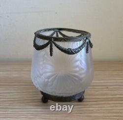 Antique French Miniature Frosted Glass With Metal Setting Vase, Circa 1900