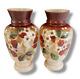 Antique French Opaline Glass Beige Brown Vase Floral Hand Painted Set of (2)