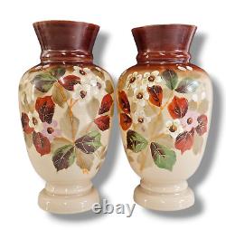 Antique French Opaline Glass Beige Brown Vase Floral Hand Painted Set of (2)