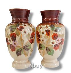 Antique French Opaline Glass Beige Brown Vase Floral Hand Painted Set of (2)