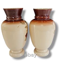 Antique French Opaline Glass Beige Brown Vase Floral Hand Painted Set of (2)