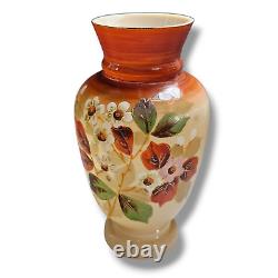 Antique French Opaline Glass Beige Brown Vase Floral Hand Painted Set of (2)