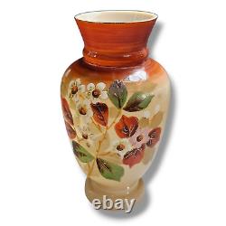 Antique French Opaline Glass Beige Brown Vase Floral Hand Painted Set of (2)