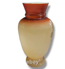 Antique French Opaline Glass Beige Brown Vase Floral Hand Painted Set of (2)