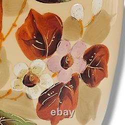 Antique French Opaline Glass Beige Brown Vase Floral Hand Painted Set of (2)