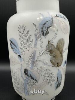 Antique French Opaline Glass Vase Hand Painted Squirrel Design Art Nouveau