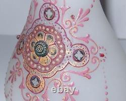 Antique French Opaline Glass Vase Jeweled Enamel White Pink with Gold Trim