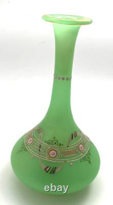 Antique French Opaline Glass Vase/Perfume Bottle Green Uranium Enameled