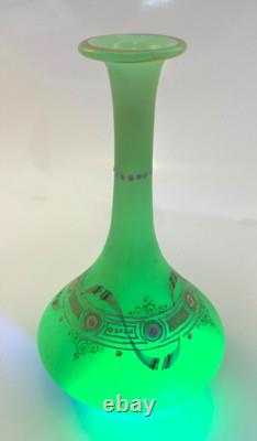 Antique French Opaline Glass Vase/Perfume Bottle Green Uranium Enameled