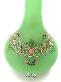Antique French Opaline Glass Vase/Perfume Bottle Green Uranium Enameled