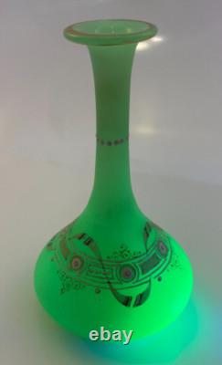 Antique French Opaline Glass Vase/Perfume Bottle Green Uranium Enameled