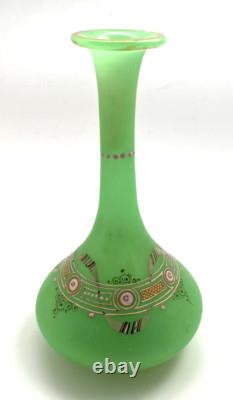 Antique French Opaline Glass Vase/Perfume Bottle Green Uranium Enameled