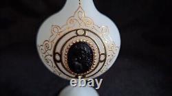 Antique French Opaline Glass Vase White w Black Cameo and Gold Trim